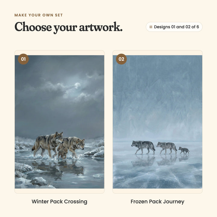 Designs 01 and 02 of 6: Winter Pack Crossing, two wolves and a pup splashing through an icy stream under a cloudy moon, and Frozen Pack Journey, two wolves and a pup walking in a line across a frozen lake
