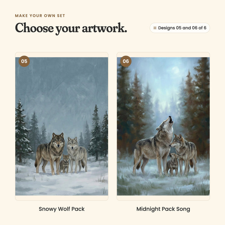 Designs 05 and 06 of 6: Snowy Wolf Pack, two wolves and a pup standing in the snow among pine trees, and Midnight Pack Song, a wolf howling at the moon beside a second wolf and a pup in a snowy pine forest