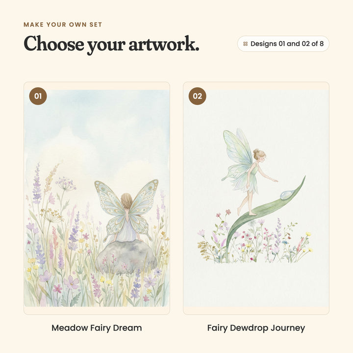 Designs 01 and 02 of 8: Meadow Fairy Dream, a fairy with butterfly wings sitting on a grey rock among wildflowers, and Fairy Dewdrop Journey, a fairy in a green dress walking up a long leaf toward a dewdrop