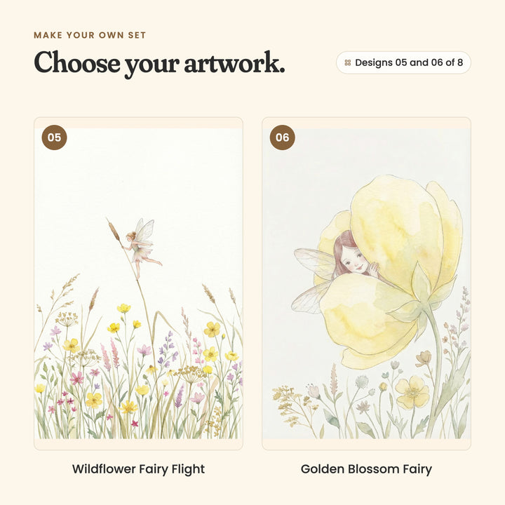 Designs 05 and 06 of 8: Wildflower Fairy Flight, a tiny fairy holding a cattail stem above buttercups, and Golden Blossom Fairy, an auburn-haired fairy peeking out of a big yellow flower