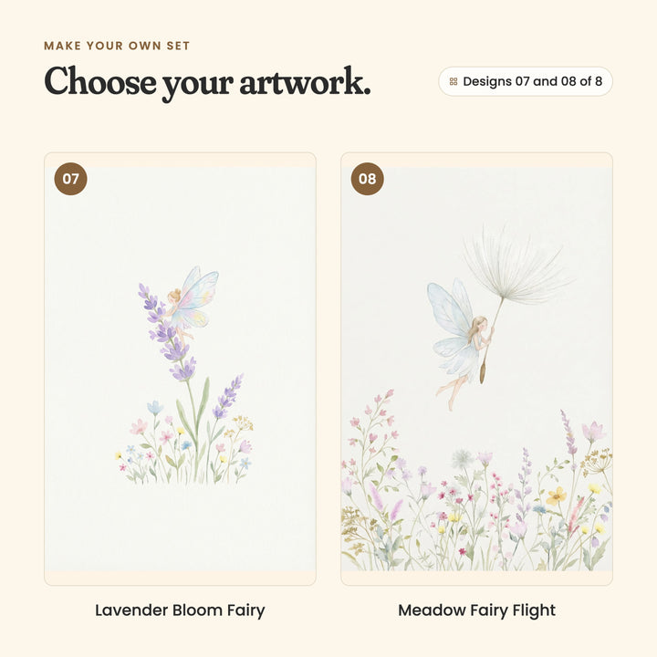 Designs 07 and 08 of 8: Lavender Bloom Fairy, a fairy with rainbow wings holding on to a lavender stem, and Meadow Fairy Flight, a fairy floating on a dandelion seed above wildflowers