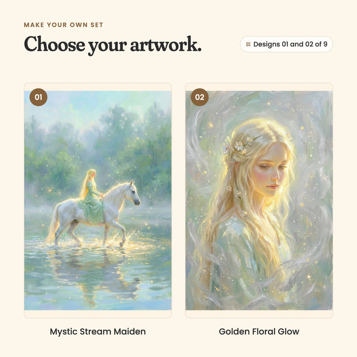 Designs 01 and 02 of 9: Mystic Stream Maiden, a young woman riding a white horse through a glowing stream, and Golden Floral Glow, a close portrait of her with small flowers in her long golden hair