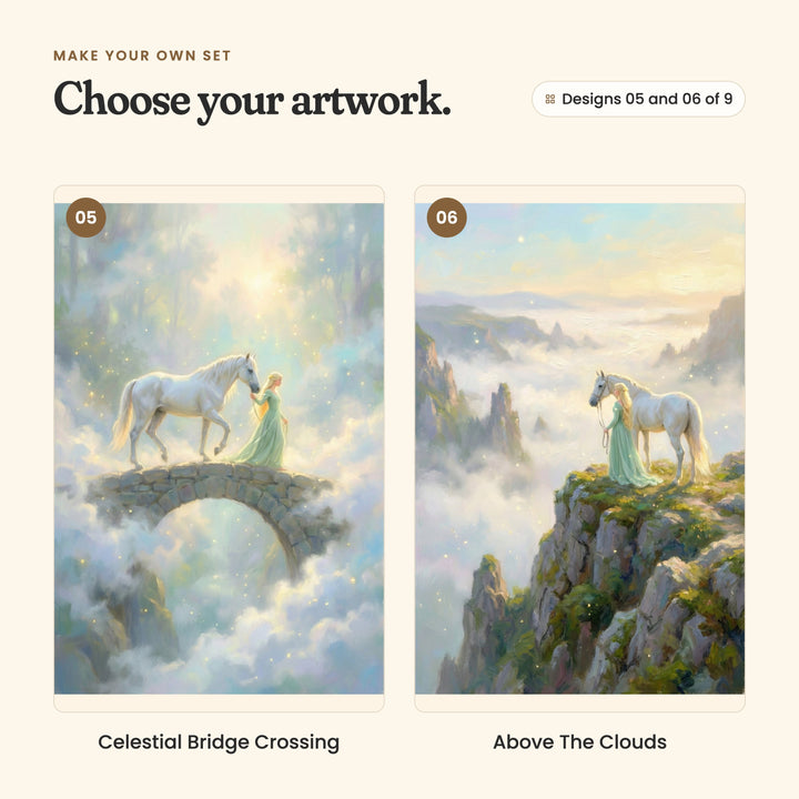 Designs 05 and 06 of 9: Celestial Bridge Crossing, her leading a white horse over a stone bridge above the clouds, and Above The Clouds, her and a white horse on a rocky cliff high above the clouds