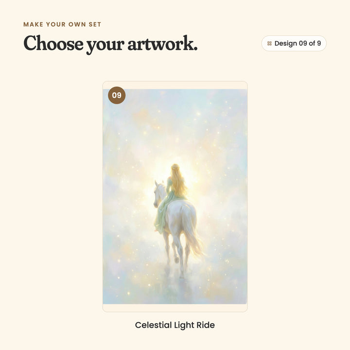 Design 09 of 9: Celestial Light Ride, her riding a white horse away into soft golden light