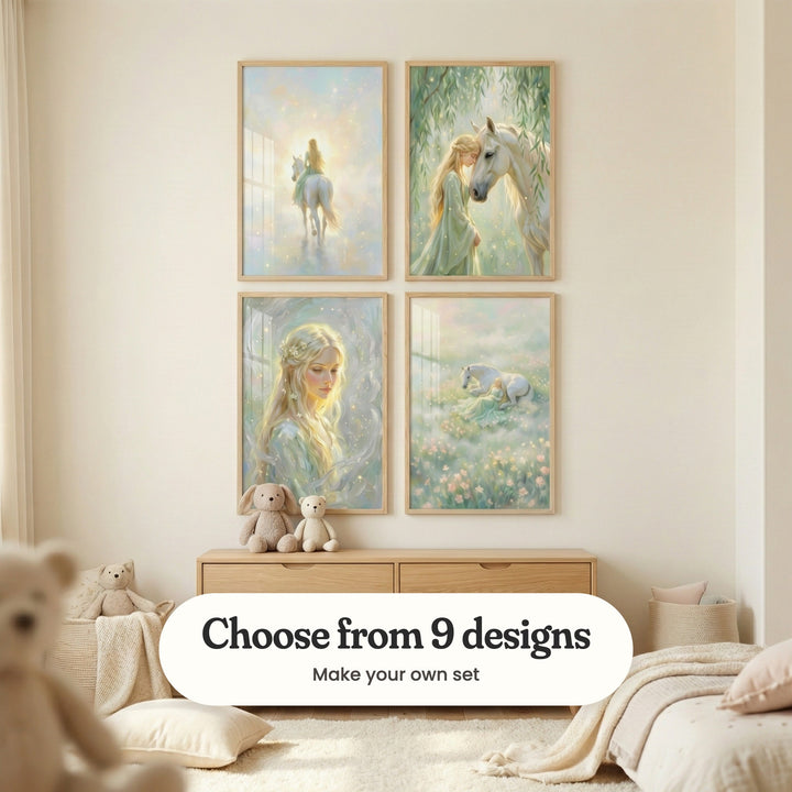 Cream nursery with four prints in light wood frames in two rows above a light wood dresser with plush bunnies, beside a teddy bear, a bed with a knit blanket and a fluffy rug: Celestial Light Ride, Ethereal Willow Bond, Golden Floral Glow and Ethereal Meadow Dream, with a label reading Choose from 9 designs, Make your own set
