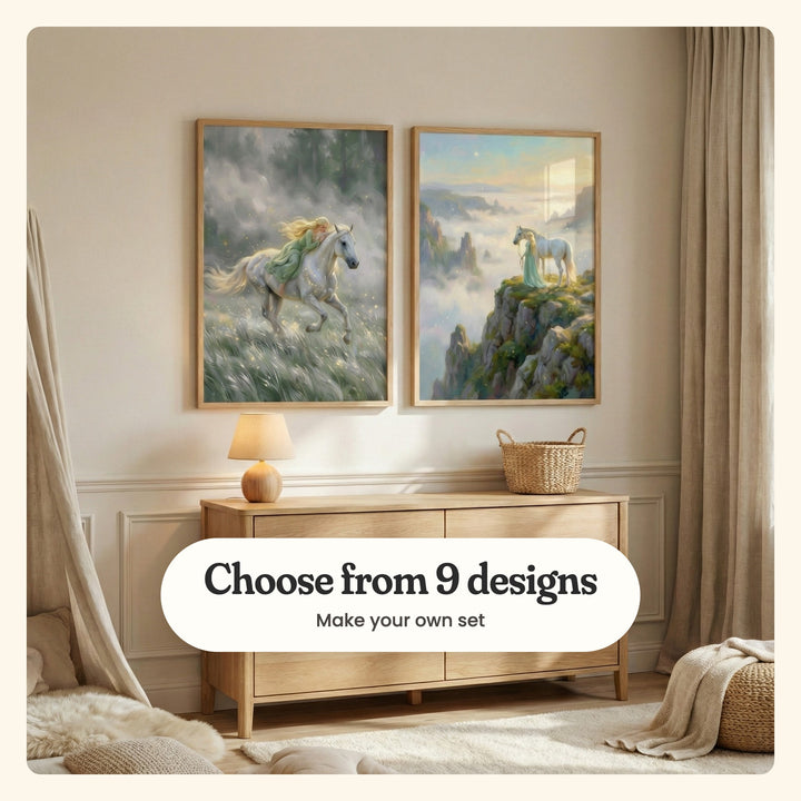 Cream panelled room with two horse prints in light wood frames above a light wood dresser with a table lamp and a woven basket, beside a sheer canopy, a linen curtain and a fluffy rug: Whispering Mist Ride and Above The Clouds, labeled Choose from 9 designs, Make your own set