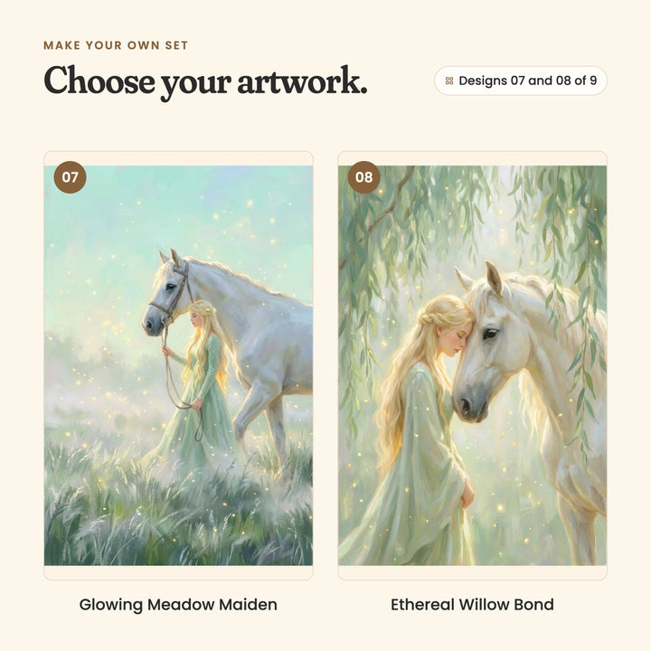 Designs 07 and 08 of 9: Glowing Meadow Maiden, her walking a white horse through tall misty grass, and Ethereal Willow Bond, her resting her head against a white horse under willow branches