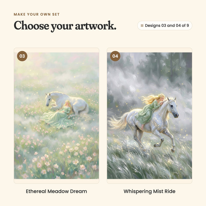 Designs 03 and 04 of 9: Ethereal Meadow Dream, her resting beside a white horse in a meadow of pink flowers, and Whispering Mist Ride, her lying along the back of a white horse galloping through misty grass