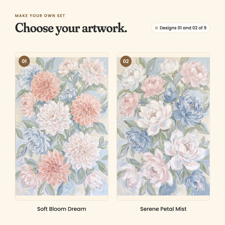 Designs 01 and 02 of 9: Soft Bloom Dream, coral, blush and powder blue dahlias, and Serene Petal Mist, blush, white and blue peonies