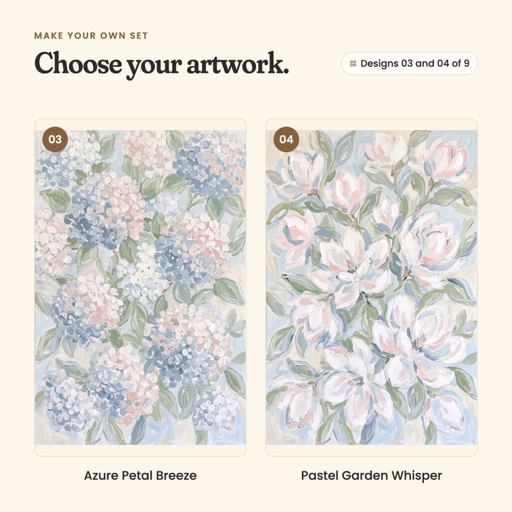 Designs 03 and 04 of 9: Azure Petal Breeze, blue, pink and white hydrangeas, and Pastel Garden Whisper, blush white magnolias