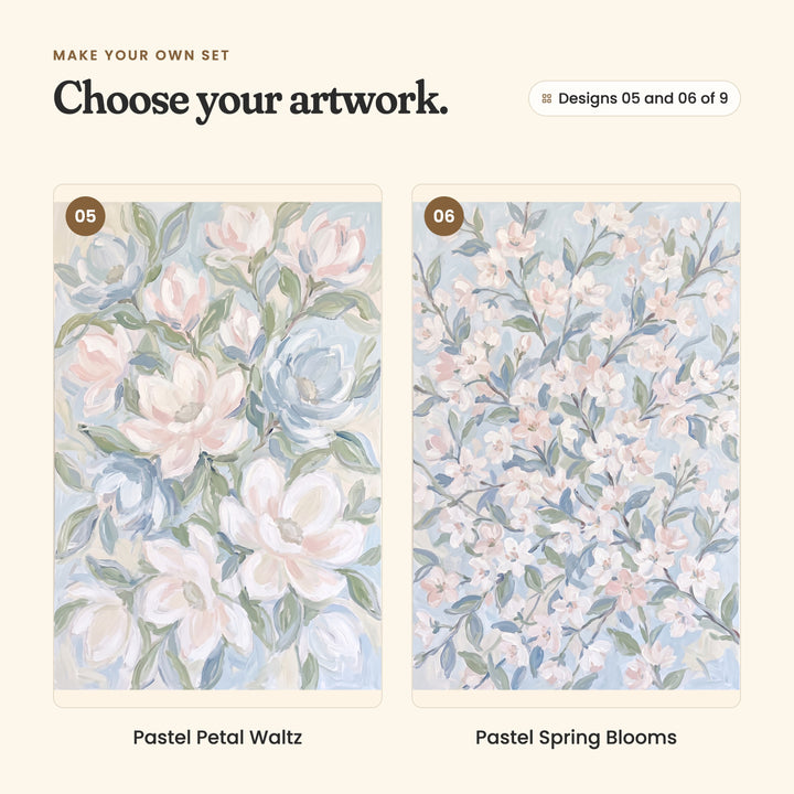 Designs 05 and 06 of 9: Pastel Petal Waltz, pink, white and blue magnolias, and Pastel Spring Blooms, pale pink and white cherry blossom branches on blue