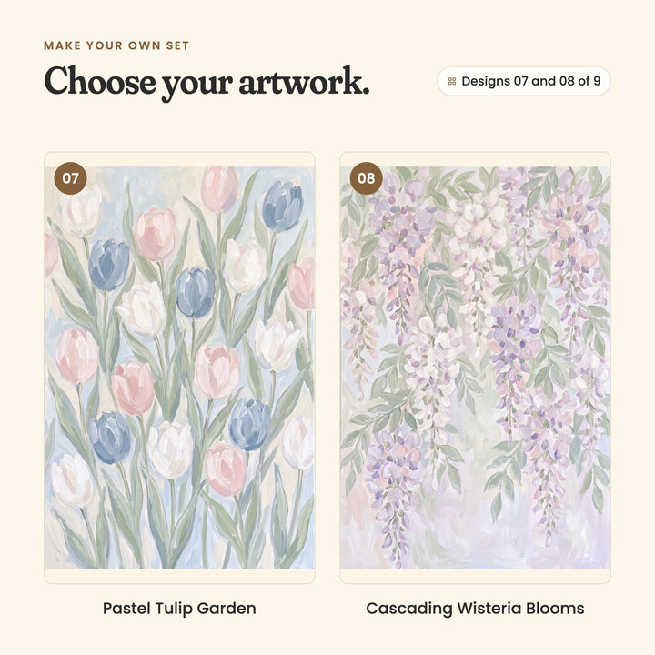 Designs 07 and 08 of 9: Pastel Tulip Garden, pink, white and blue tulips, and Cascading Wisteria Blooms, lavender and white wisteria