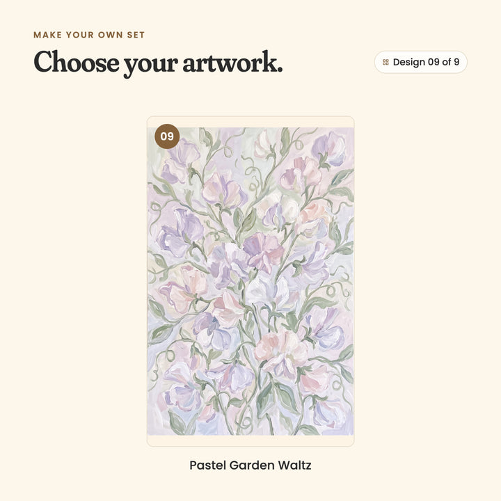 Design 09 of 9: Pastel Garden Waltz, lavender and pink sweet peas with curling tendrils