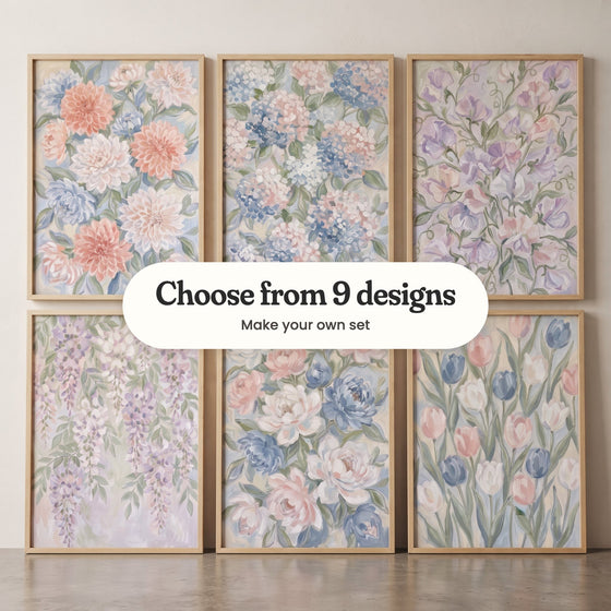 Six pastel flower prints in light wood frames leaning in two rows on a concrete floor against a pale wall: coral and blue dahlias, blue and pink hydrangeas, lavender sweet peas, lavender wisteria, blush and blue peonies and pink and blue tulips, with a label reading Choose from 9 designs, Make your own set