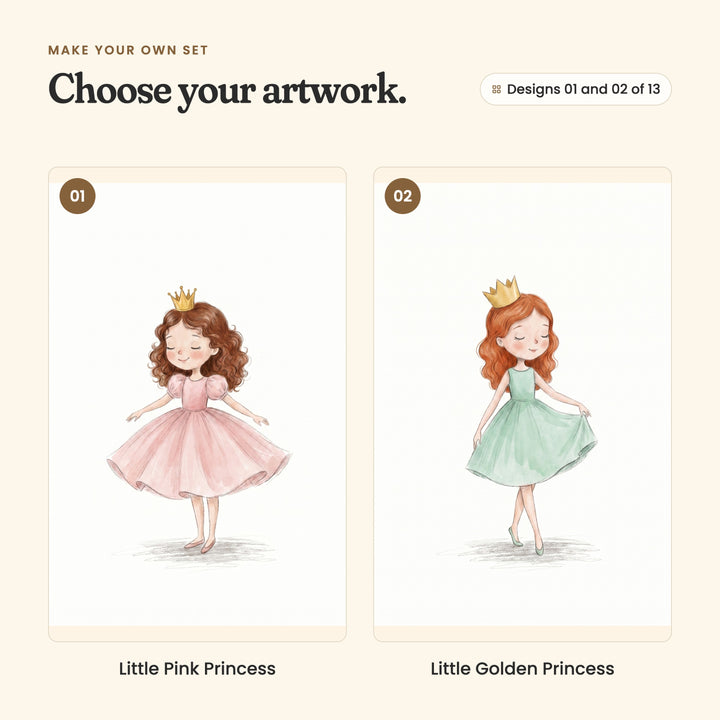 Designs 01 and 02 of 13: Little Pink Princess, a curly-haired girl in a puffy pink dress and gold crown, and Little Golden Princess, a red-haired girl in a mint green dress and gold crown