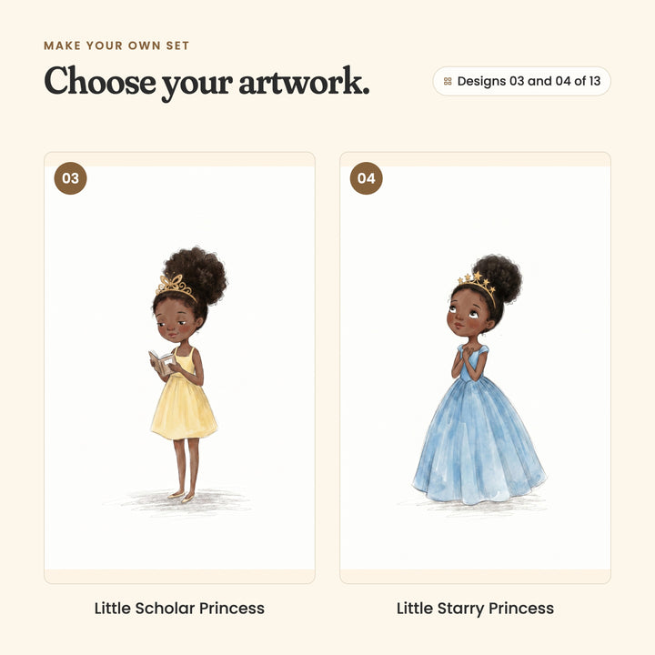 Designs 03 and 04 of 13: Little Scholar Princess, a girl in a yellow dress and gold tiara reading a little book, and Little Starry Princess, a girl in a blue ball gown with a gold star tiara