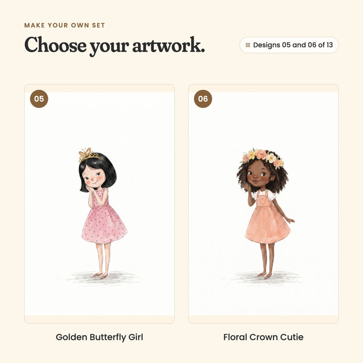 Designs 05 and 06 of 13: Golden Butterfly Girl, a girl with a black bob in a pink polka-dot dress and gold butterfly crown, and Floral Crown Cutie, a curly-haired girl in a flower crown and peach pinafore