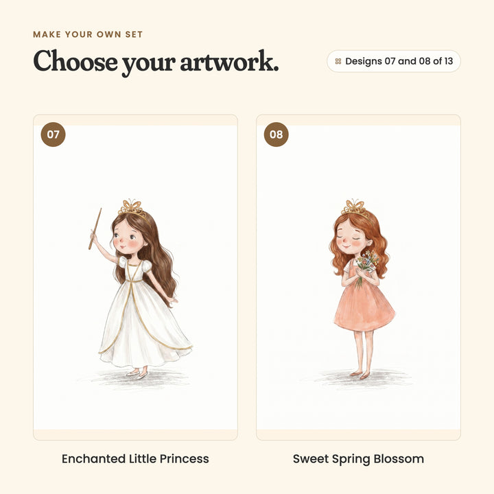 Designs 07 and 08 of 13: Enchanted Little Princess, a girl in a white gown with gold trim waving a gold wand, and Sweet Spring Blossom, a red-haired girl in a peach dress holding spring flowers