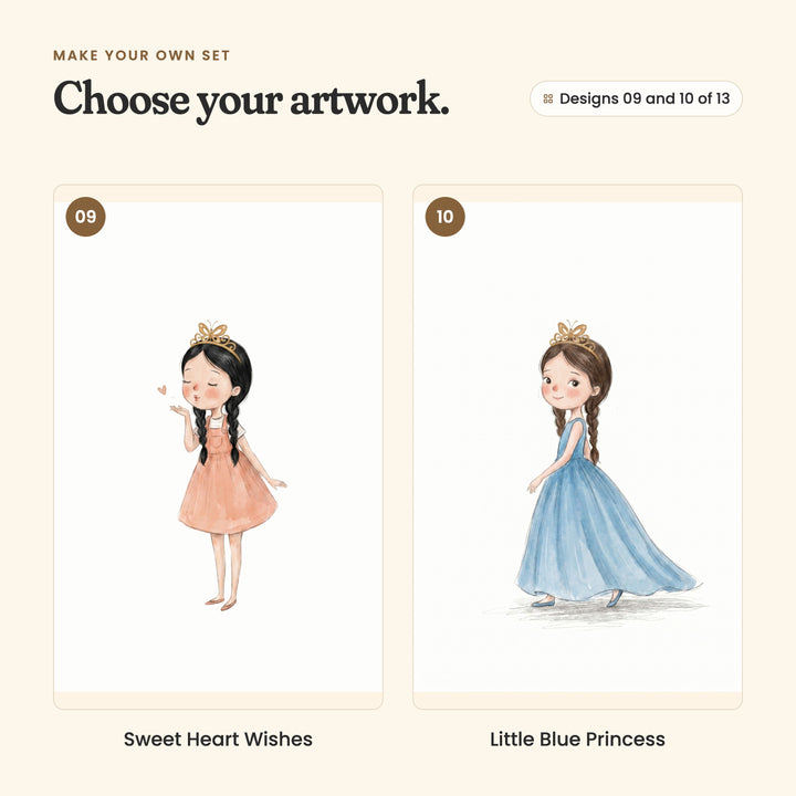 Designs 09 and 10 of 13: Sweet Heart Wishes, a girl with black braids in a peach pinafore blowing a kiss, and Little Blue Princess, a girl with brown braids in a flowing blue gown