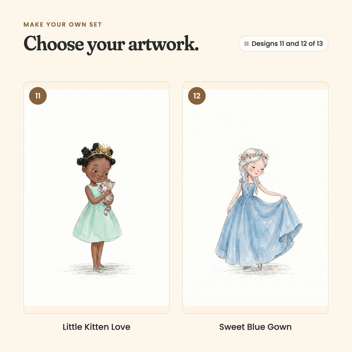 Designs 11 and 12 of 13: Little Kitten Love, a girl in a mint dress hugging a grey kitten, and Sweet Blue Gown, a silver-haired girl in a flower crown and a flowing blue gown