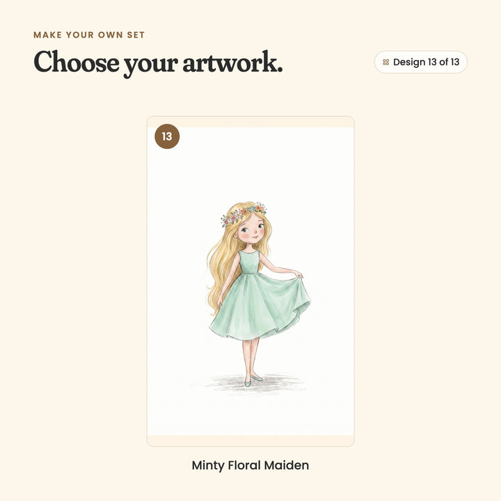 Design 13 of 13: Minty Floral Maiden, a blonde girl in a flower crown and a mint green dress