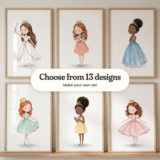 Six little princess prints in light wood frames in two rows on a wood ledge: a girl in a white gown waving a gold wand, a red-haired girl holding spring flowers, a girl in a blue ball gown with a star tiara, a red-haired girl in a mint dress and gold crown, a girl in a yellow dress reading a book and a girl in a pink puffy dress, with a label reading Choose from 13 designs, Make your own set