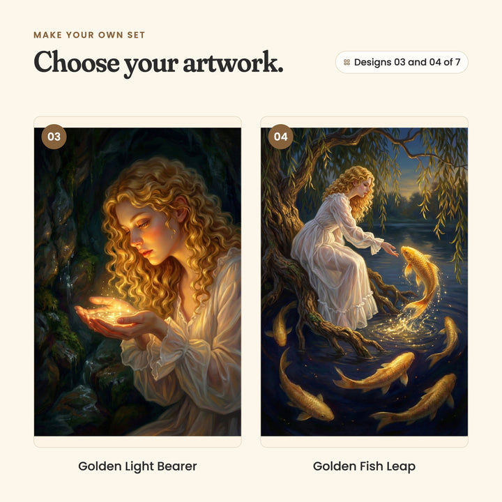 Designs 03 and 04 of 7: Golden Light Bearer, a young woman in a dark mossy grotto, cupping a little golden light in her hands, and Golden Fish Leap, a young woman on a willow branch reaching for a golden koi leaping from the water
