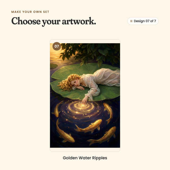 Design 07 of 7: Golden Water Ripples, a young woman asleep on a giant lily pad, one hand touching glowing gold ripples as koi circle below