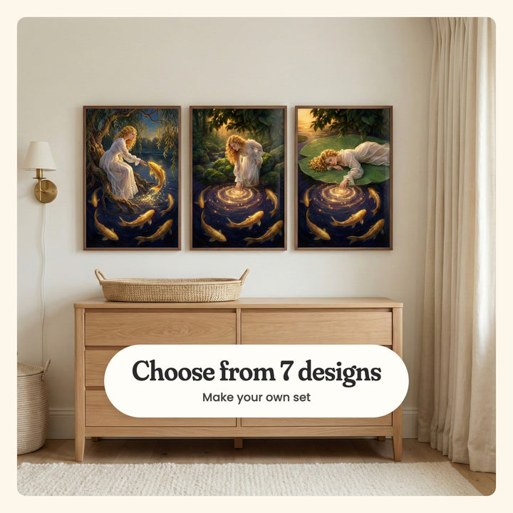Cream room with three prints in dark wood frames above a light wood dresser with a woven basket, beside a brass wall lamp, a linen curtain and a basket: Golden Fish Leap, Mystic Water Glow and Golden Water Ripples, labeled Choose from 7 designs, Make your own set