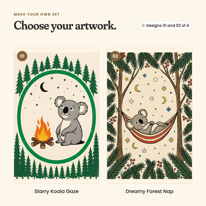 Designs 01 and 02 of 4: Starry Koala Gaze, a koala sitting by a campfire under the moon and stars, inside a ring of pine trees, and Dreamy Forest Nap, a koala resting in a striped hammock between two trees under the moon and stars