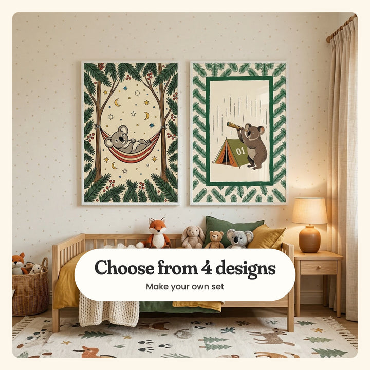 Cream kids' room with two koala prints in white frames above a wooden daybed with mustard and green bedding and a plush fox, bunny, bear and koala, beside a side table with a lamp, a basket of plush toys, a linen curtain and a woodland animal rug: Dreamy Forest Nap and Stargazing Scout, labeled Choose from 4 designs, Make your own set