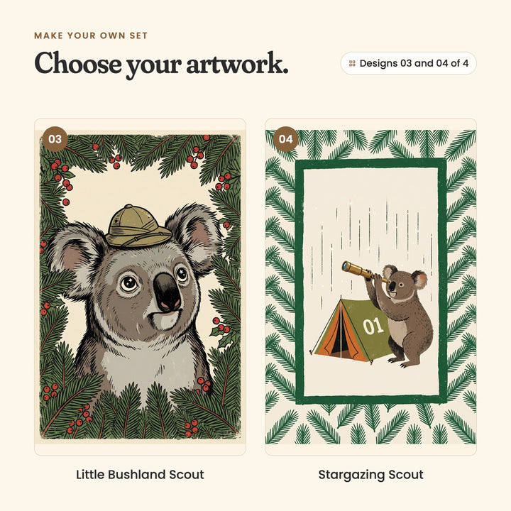 Designs 03 and 04 of 4: Little Bushland Scout, a koala in an explorer hat, framed by green branches and red berries, and Stargazing Scout, a koala peering through a spyglass beside a green tent marked 01