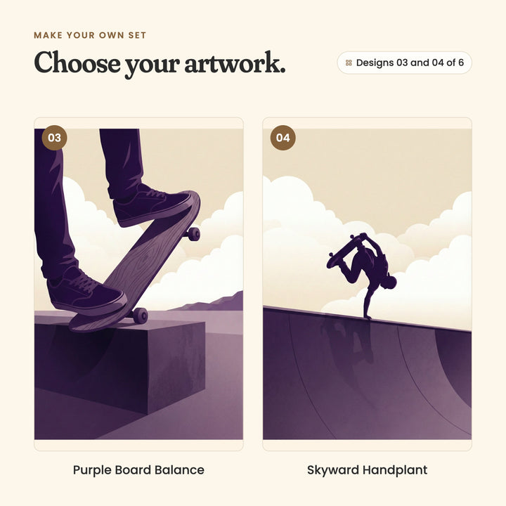 Designs 03 and 04 of 6: Purple Board Balance, a close view of sneakers balancing a skateboard on the edge of a concrete ledge, and Skyward Handplant, a skater balancing upside down on one hand on the lip of a ramp