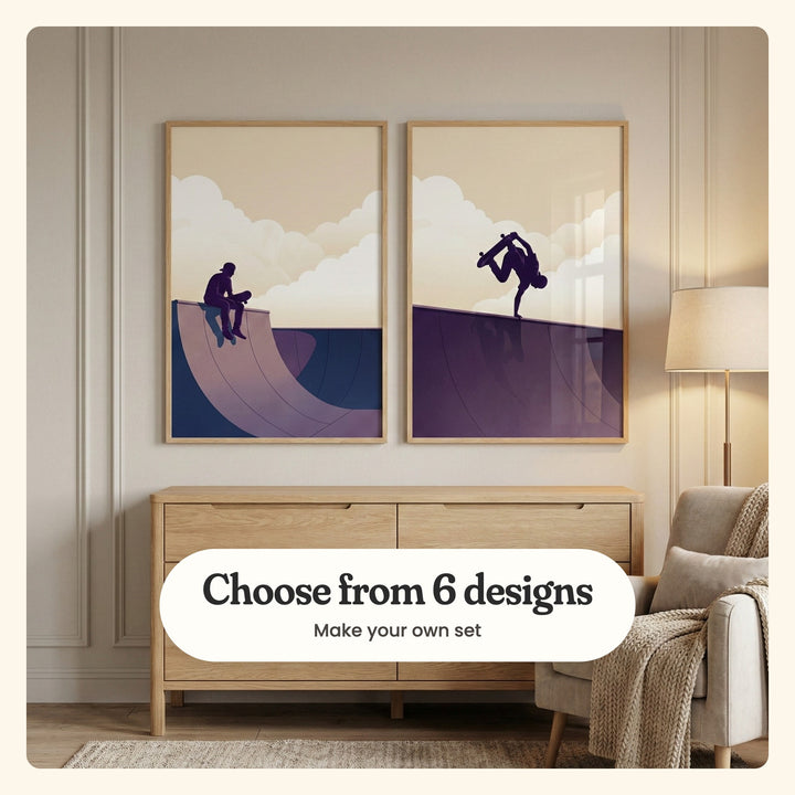 Pale grey panelled room with two skateboarding prints in light wood frames above a light wood dresser, beside a grey armchair with a knit throw and a floor lamp: Cloudy Halfpipe Dream and Skyward Handplant, labeled Choose from 6 designs, Make your own set
