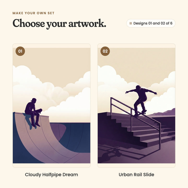 Designs 01 and 02 of 6: Cloudy Halfpipe Dream, a skater sitting on the edge of a halfpipe with a board, and Urban Rail Slide, a skater grinding down a stair rail
