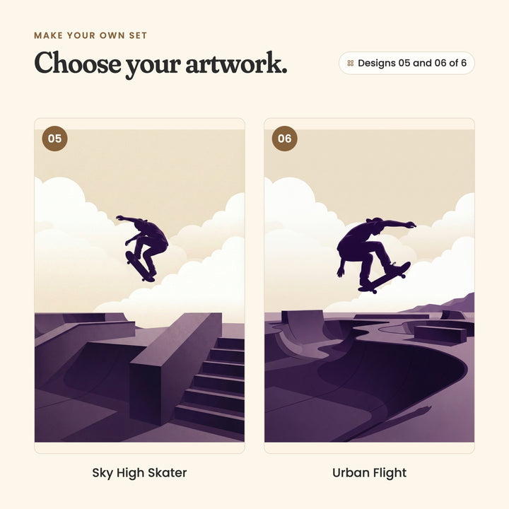 Designs 05 and 06 of 6: Sky High Skater, a skater in the air above a ledge and steps, and Urban Flight, a skater flying high above a curving bowl