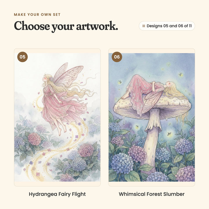 Designs 05 and 06 of 11: Hydrangea Fairy Flight, a fairy floating up on a golden trail of petals, and Whimsical Forest Slumber, a fairy asleep on top of a big mushroom among hydrangeas