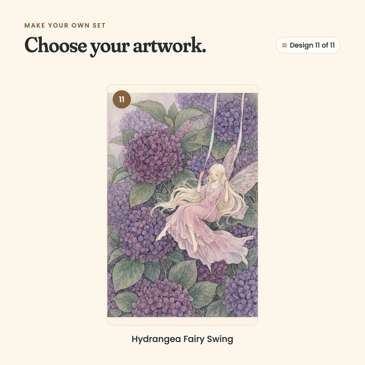 Design 11 of 11: Hydrangea Fairy Swing, a fairy on a swing hung from pale ribbons among purple hydrangeas