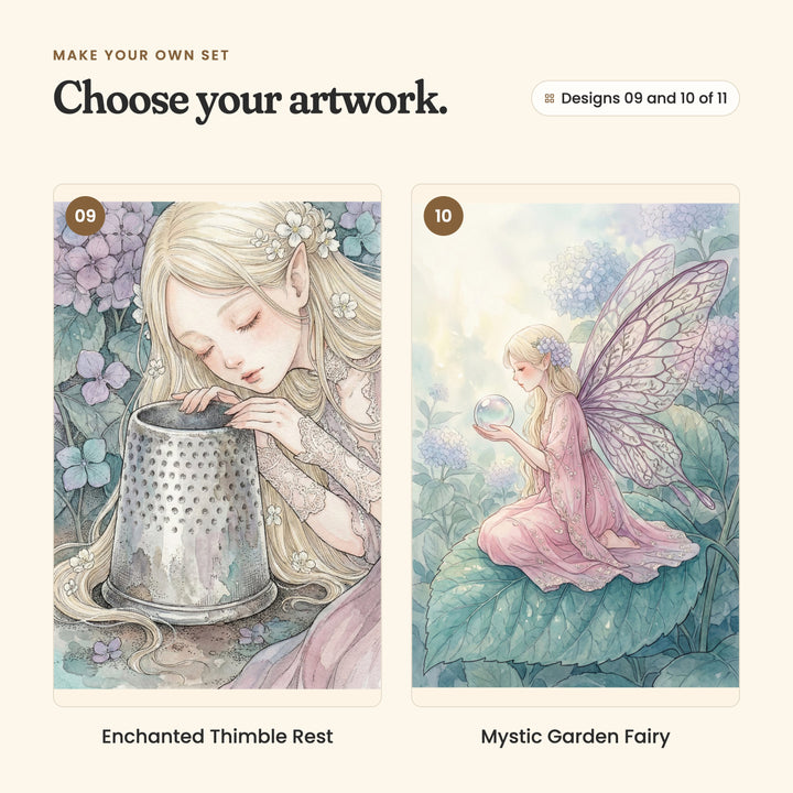 Designs 09 and 10 of 11: Enchanted Thimble Rest, a close view of a fairy resting her head on a silver thimble, and Mystic Garden Fairy, a fairy kneeling on a big leaf, holding a clear glass ball