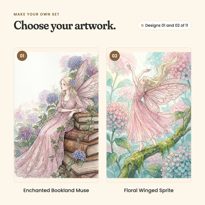 Designs 01 and 02 of 11: Enchanted Bookland Muse, a fairy leaning on a tall stack of old books wrapped in ivy and hydrangeas, and Floral Winged Sprite, a fairy dancing on a mossy branch among pink hydrangeas
