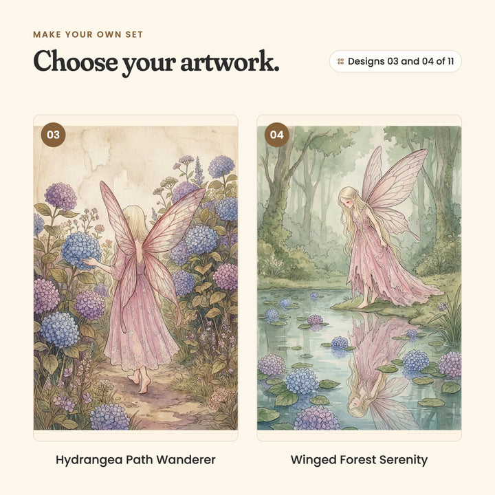 Designs 03 and 04 of 11: Hydrangea Path Wanderer, a fairy seen from behind, walking a garden path between hydrangeas, and Winged Forest Serenity, a fairy at the edge of a forest pond, mirrored in the water