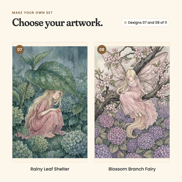 Designs 07 and 08 of 11: Rainy Leaf Shelter, a fairy crouched under a big green leaf in the rain, and Blossom Branch Fairy, a fairy sitting in a blossoming tree above purple hydrangeas