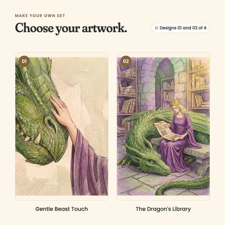 Designs 01 and 02 of 4: Gentle Beast Touch, a hand in a long purple sleeve resting gently on a green dragon's head, and The Dragon's Library, the queen reading a scroll on a stone bench in a library as the dragon curls around her