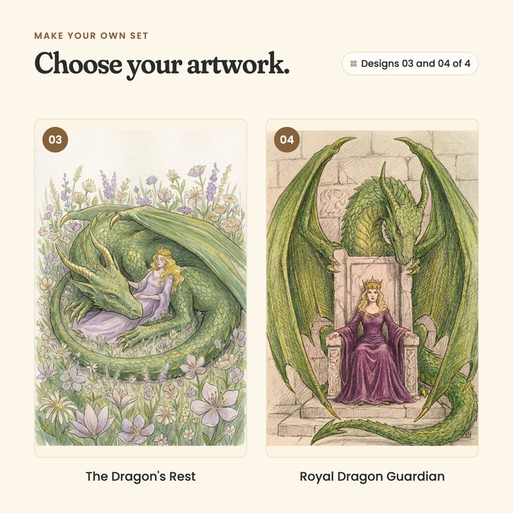 Designs 03 and 04 of 4: The Dragon's Rest, the queen in a lilac gown resting inside the curled up dragon in a field of wildflowers, and Royal Dragon Guardian, the queen on a stone throne with the green dragon behind her, wings spread wide