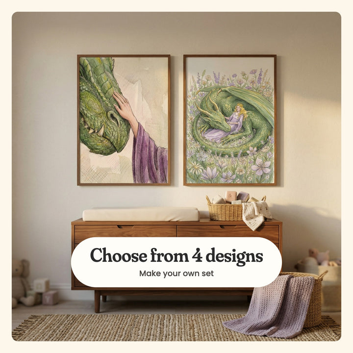 Cream nursery with two dragon prints in dark wood frames above a walnut dresser with a changing pad and a basket of blocks, beside a basket with a lilac blanket and a jute rug: Gentle Beast Touch and The Dragon's Rest, labeled Choose from 4 designs, Make your own set