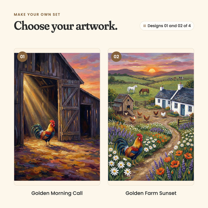 Designs 01 and 02 of 4: Golden Morning Call, a rooster stepping out of a sunlit barn doorway, and Golden Farm Sunset, a rooster among daisies and poppies on a lane to a white farmhouse with hens and horses