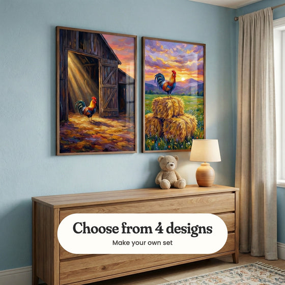 Pale blue kids' room with two rooster prints in dark wood frames above a light wood dresser with a teddy bear and a table lamp, beside a linen curtain: Golden Morning Call and Golden Dawn Crow, with a label reading Choose from 4 designs, Make your own set
