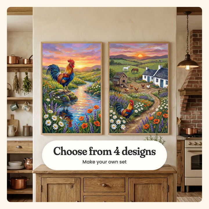 Farmhouse kitchen with two rooster prints in light wood frames above a rustic wooden cabinet, between open shelves of copper pots and jugs and a brick hearth: Riverside Rooster and Golden Farm Sunset, labeled Choose from 4 designs, Make your own set