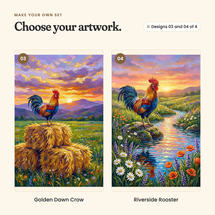 Designs 03 and 04 of 4: Golden Dawn Crow, a rooster standing tall on a stack of hay bales at sunset, and Riverside Rooster, a rooster on a mossy rock beside a glowing stream