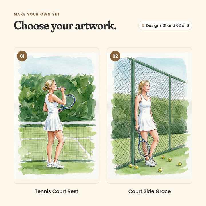 Designs 01 and 02 of 6: Tennis Court Rest, a blonde player in a white tennis dress drinking from a bottle by the net on a grass court, and Court Side Grace, the player leaning on a green chain-link fence with tennis balls at her feet